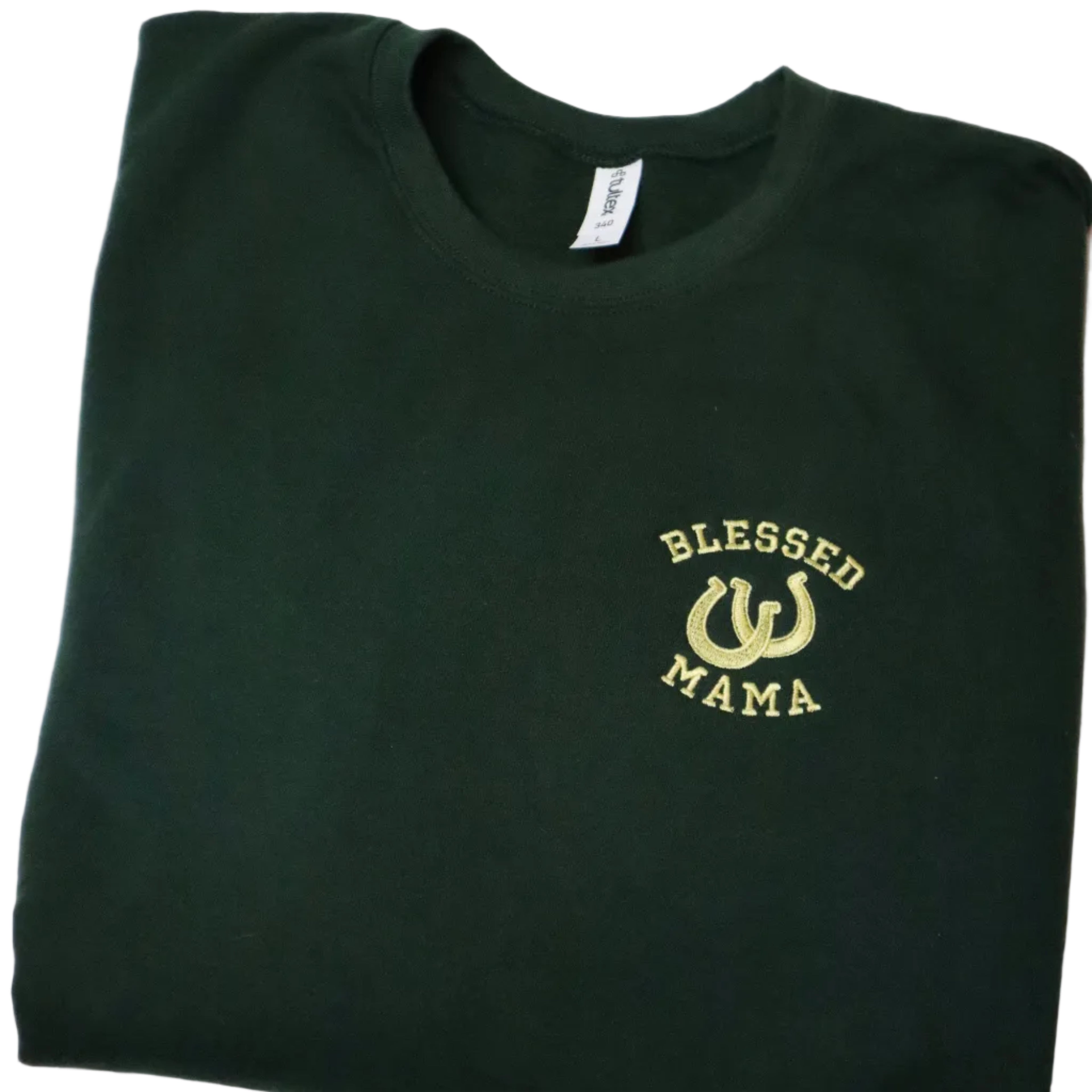 Folded black t-shirt with 'Blessed Mama' text on a white background