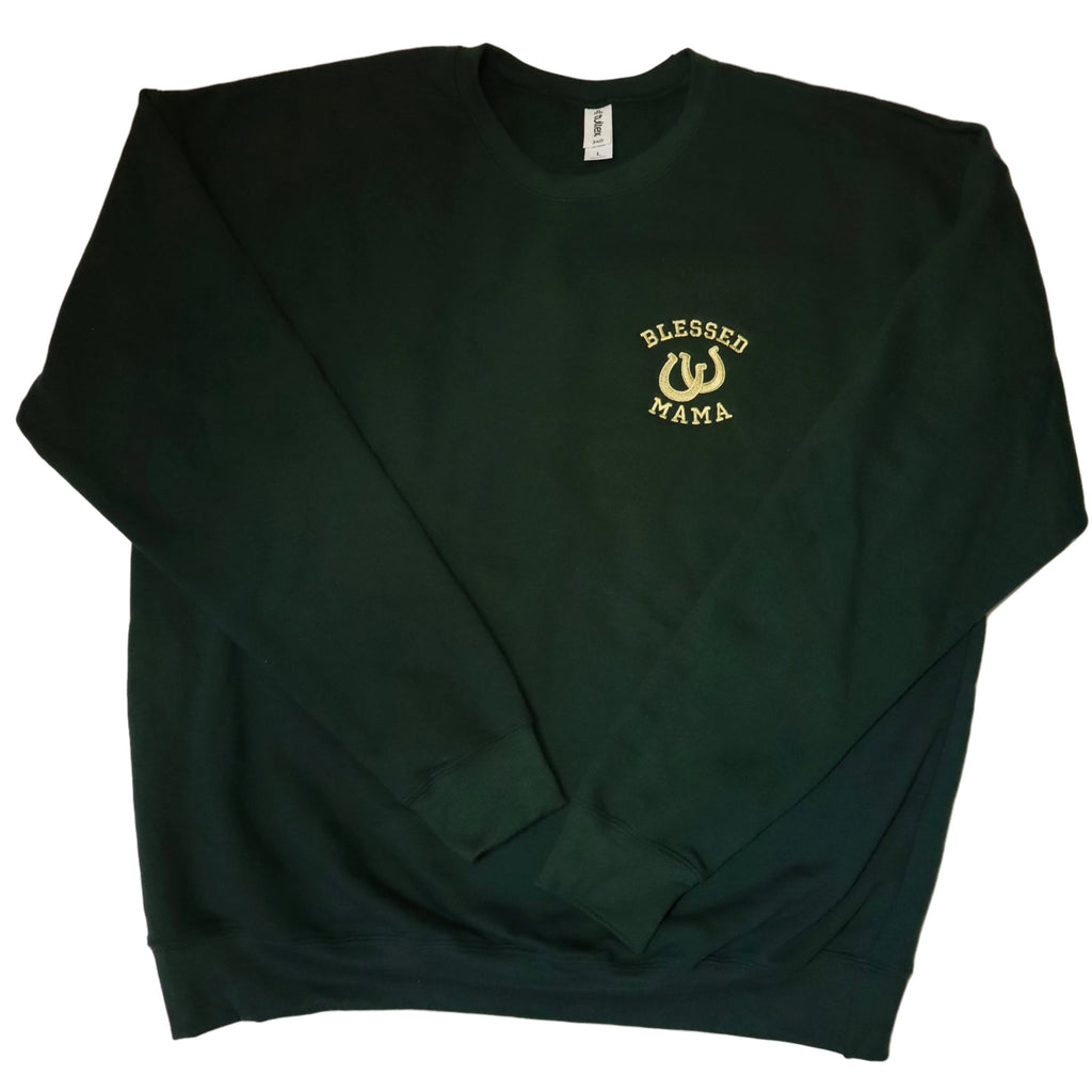 Green sweatshirt with 'Blessed Mama' text on a white background