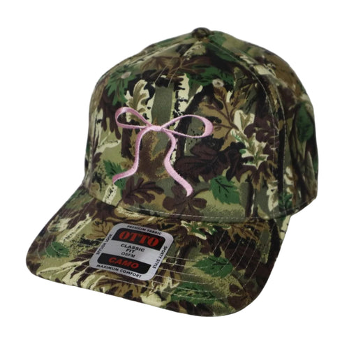 Camouflage cap with pink logo on a white background