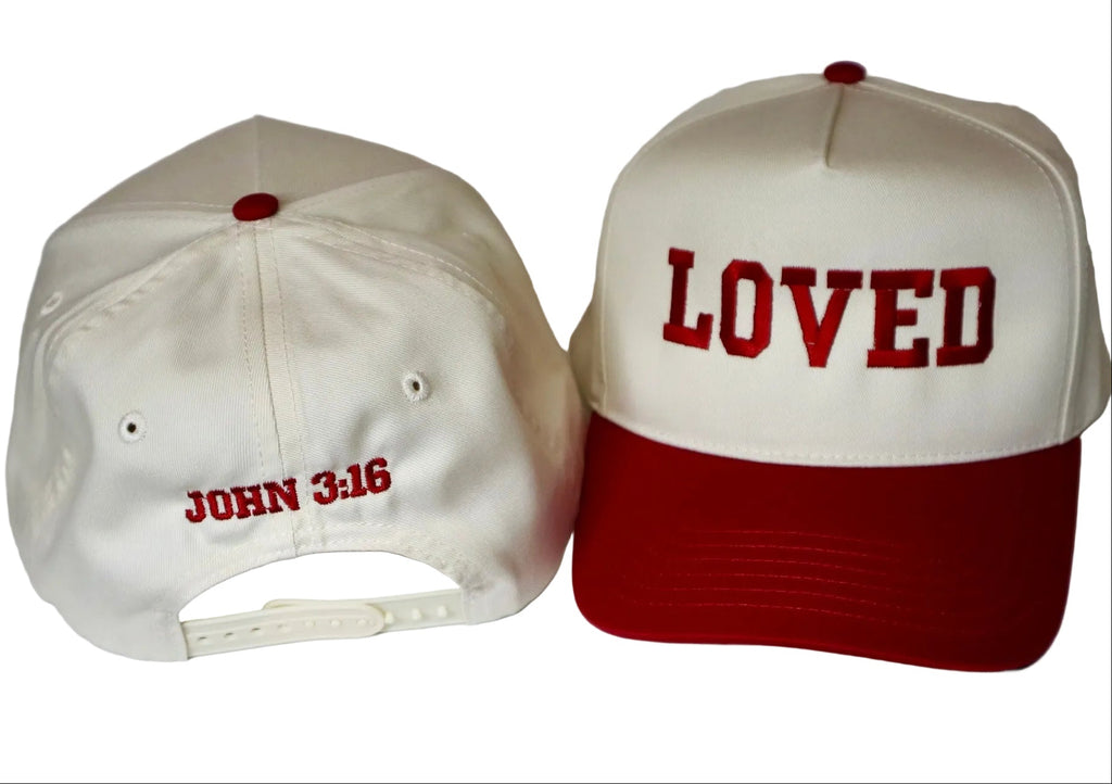 Two baseball caps with 'JOHN 3:16' and 'LOVED' text on a white background
