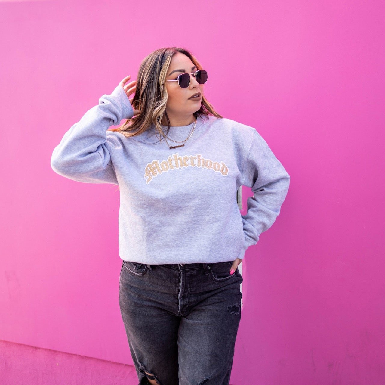Embroidered Glitter Motherhood Crewneck