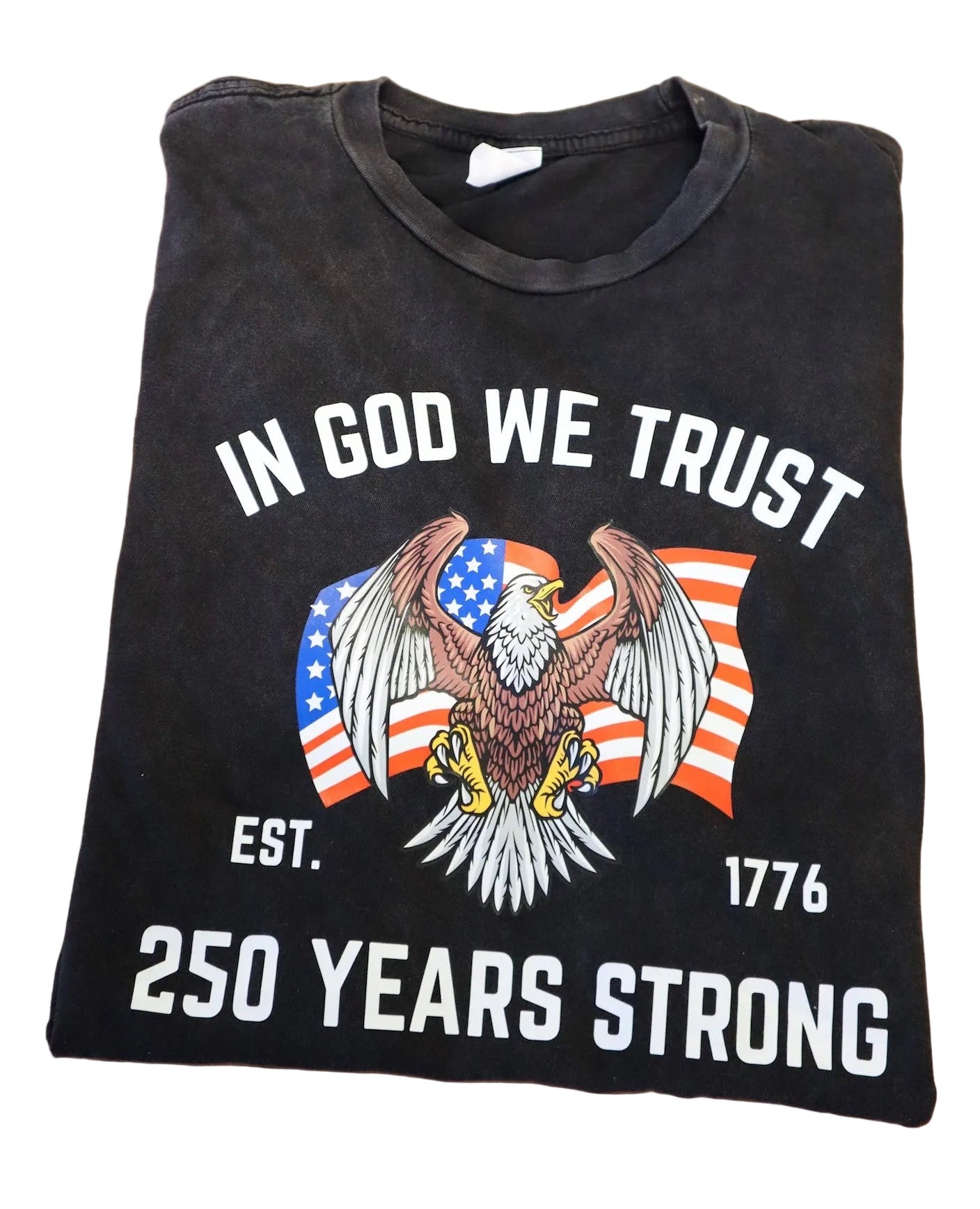 Black t-shirt with 'In God We Trust' and eagle design on a white background