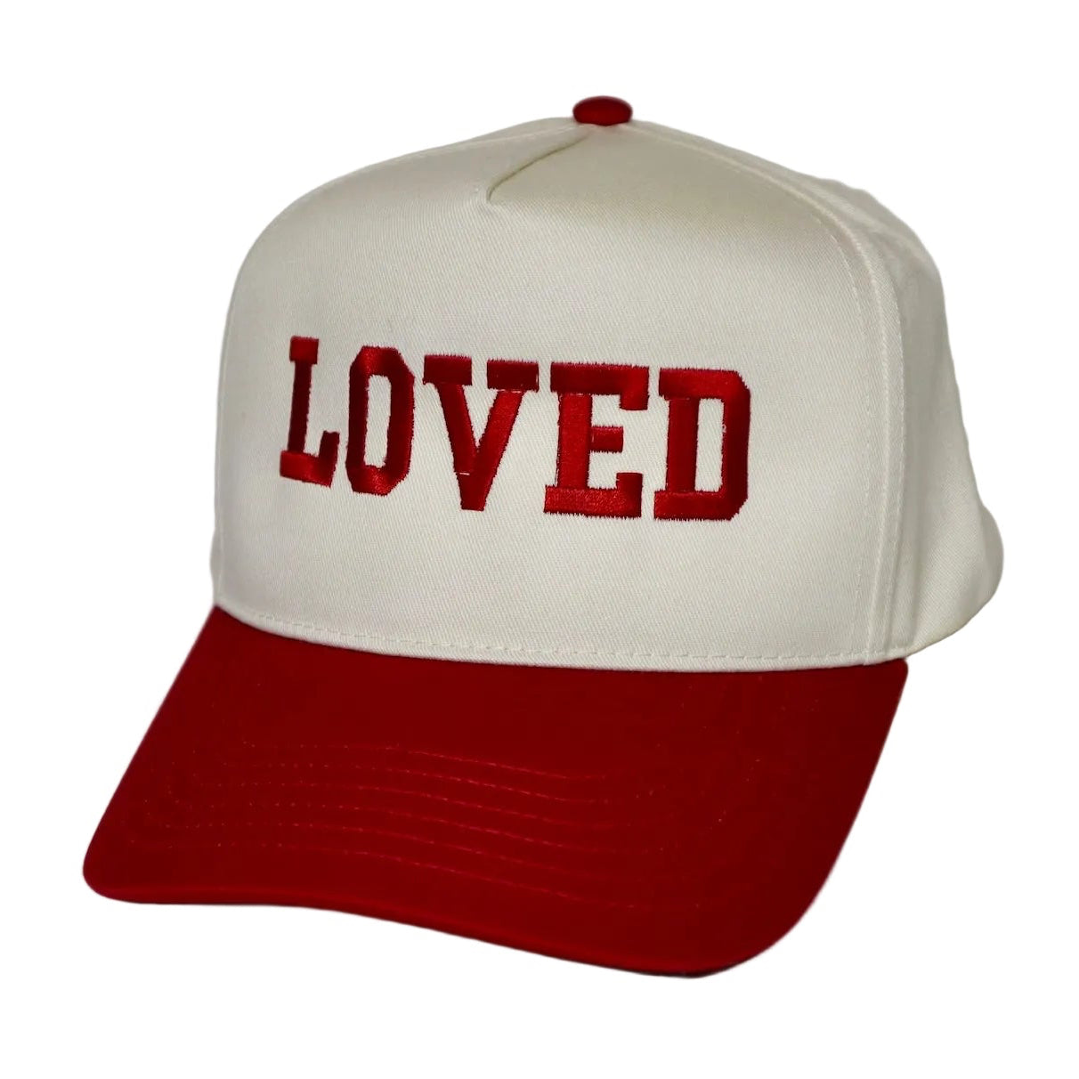Cap with 'LOVED' text on a white background